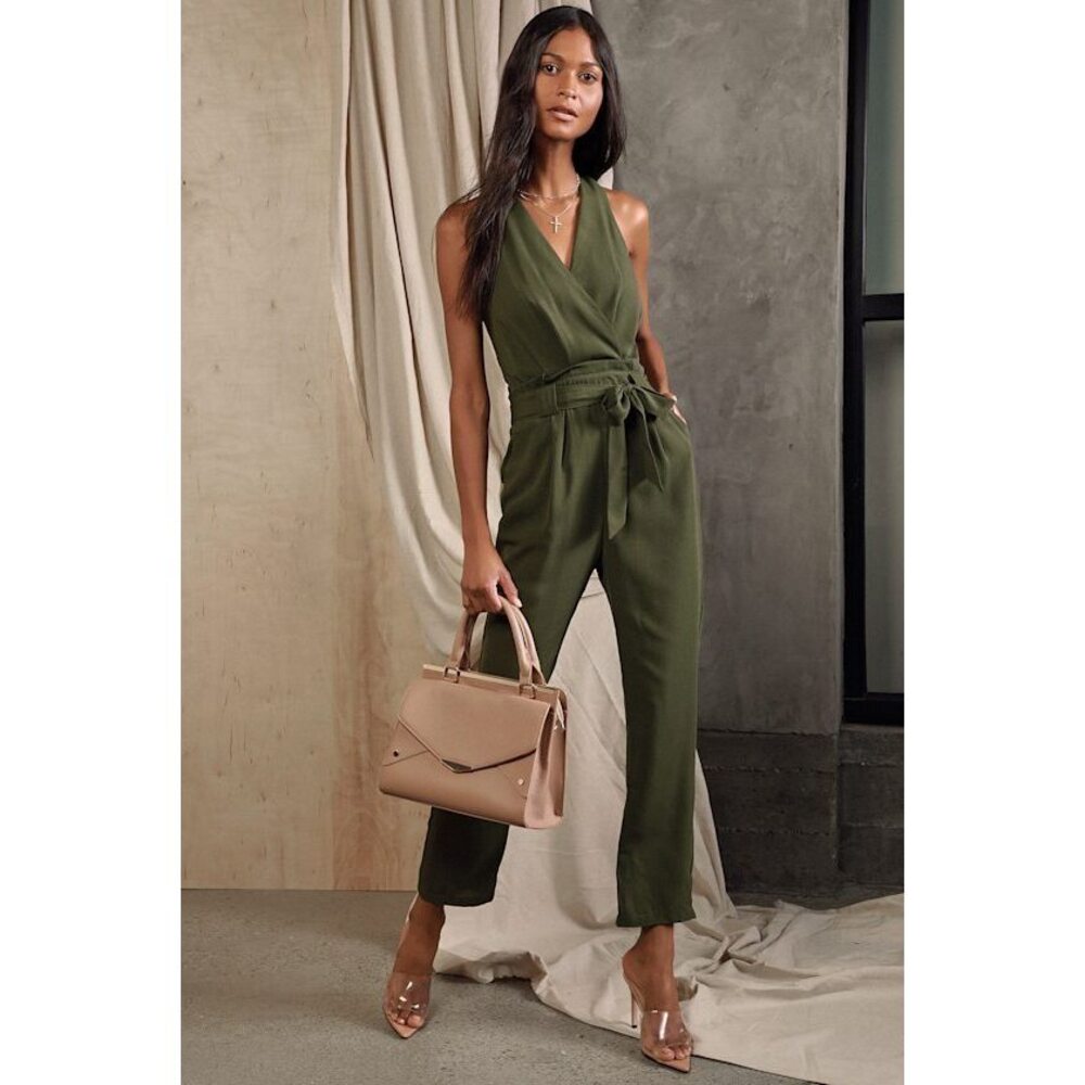 Lulus In The City Olive Green Surplice Sleeveless Jumpsuit - Size XL NWT